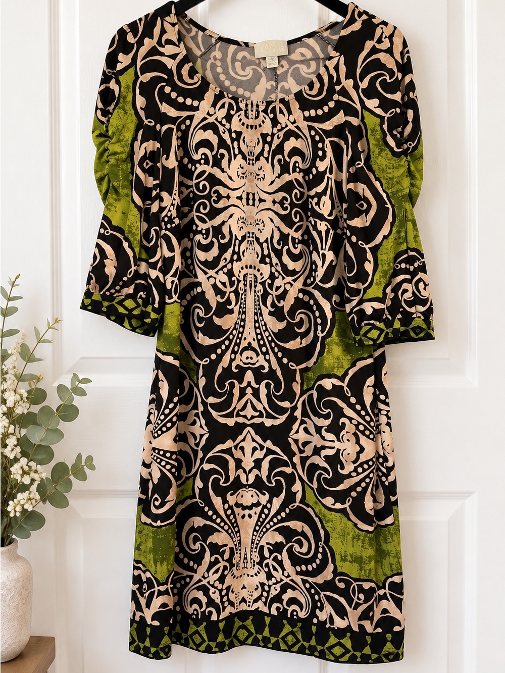 Black Olive Green Damask Print 3/4 Sleeve Dress size 12